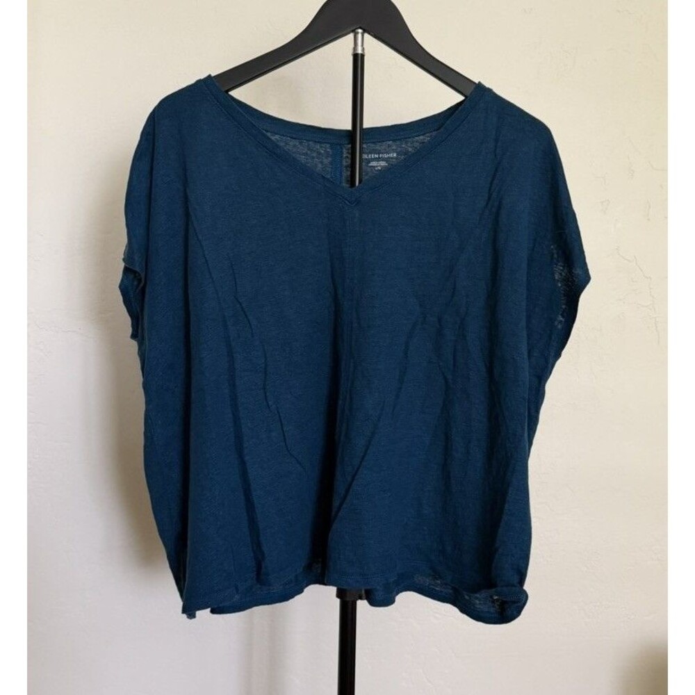 Eileen Fisher L Boxy Organic Linen Top Teal Blue Oversized Lagenlook Minimalist